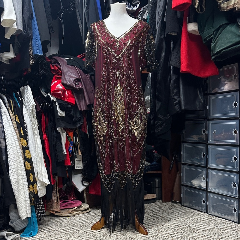 Burgundy and Gold Beaded Midi Dress S/M